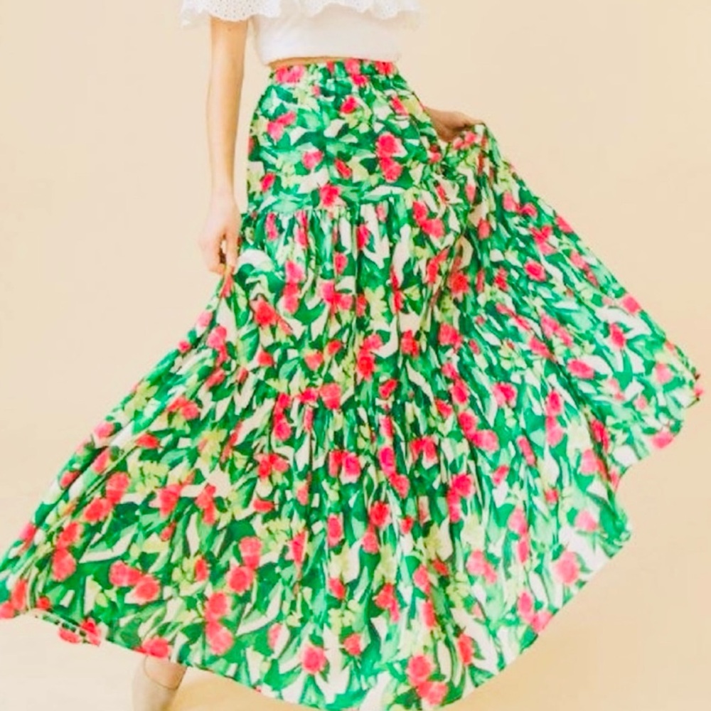 Flying Tomato Green Floral Tiered Maxi Skirt with Pink Flowers